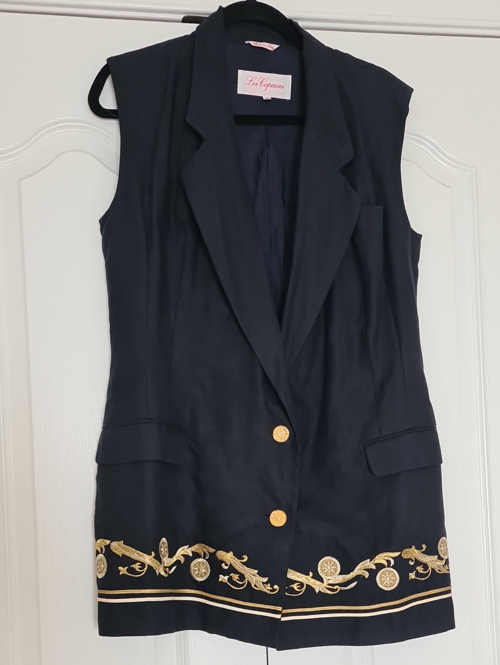 Les Copains - Vintage Navy Sleeveless Linen Blazer Vest w Gold Embroidered Hem